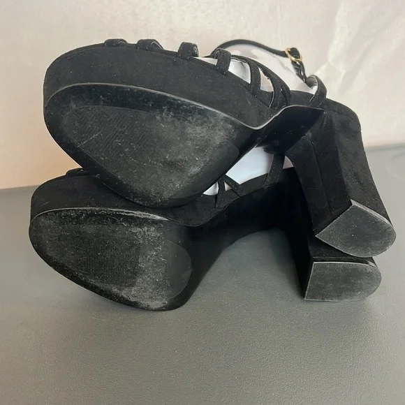 Mango Black Strappy Platform Heels Size 39 (US 8.5) Ankle Cuff Peep Toe - Picture 9 of 14